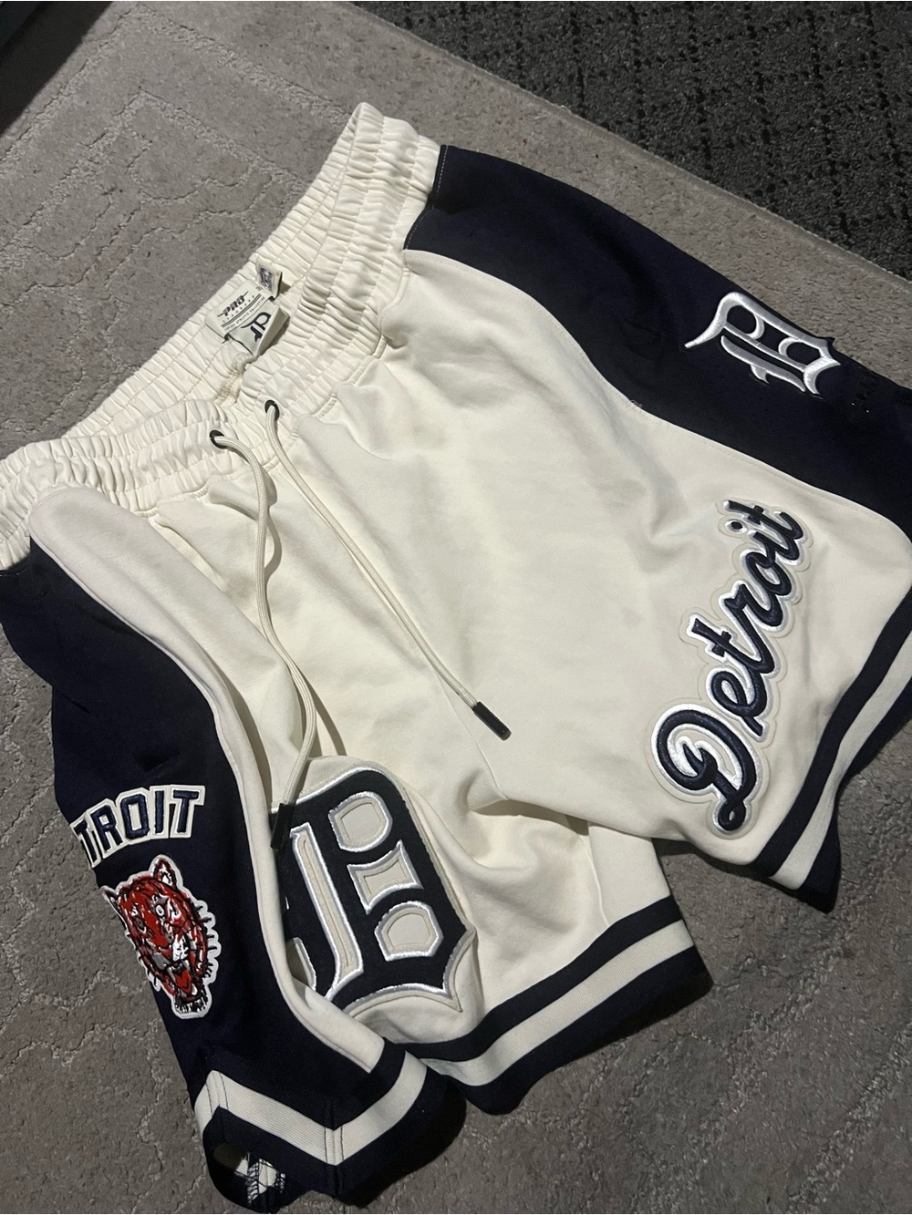 Detroit Script Men's Cream and Navy Athletic Shorts